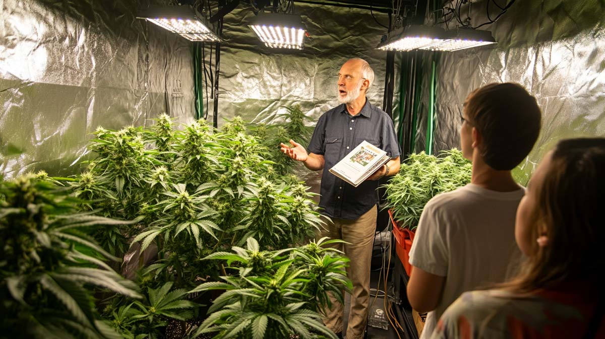 cannabis-weed-legenden-geschichte-foto-Ed-Rosenthal-steht-in-anbau-raum-mit-gasten-erklaert-methoden